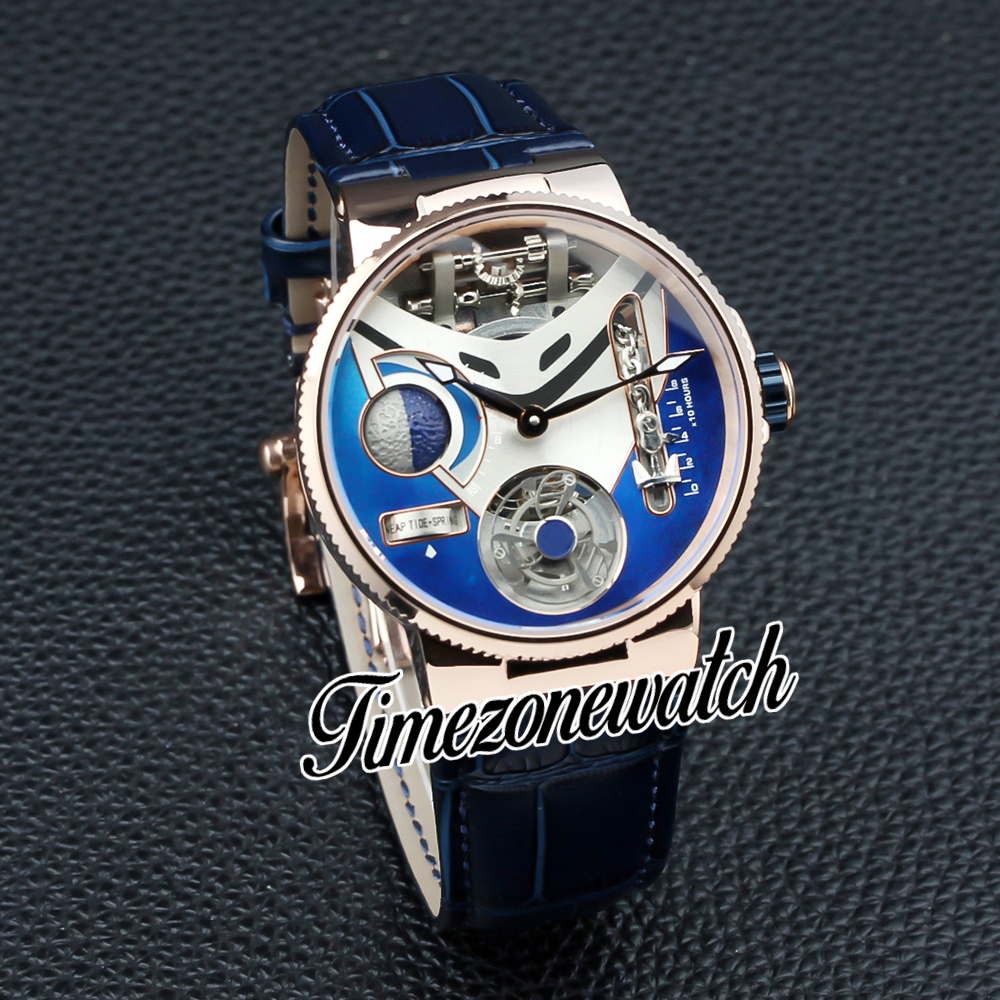 New Mega Yacht 44mm 6319-305 Enamel 3D Automatic Tourbillon Mens Watch Blue Steel White Dial Rose Gold Case Blue Leather Strap Gents Watches Timezonewatch Z04