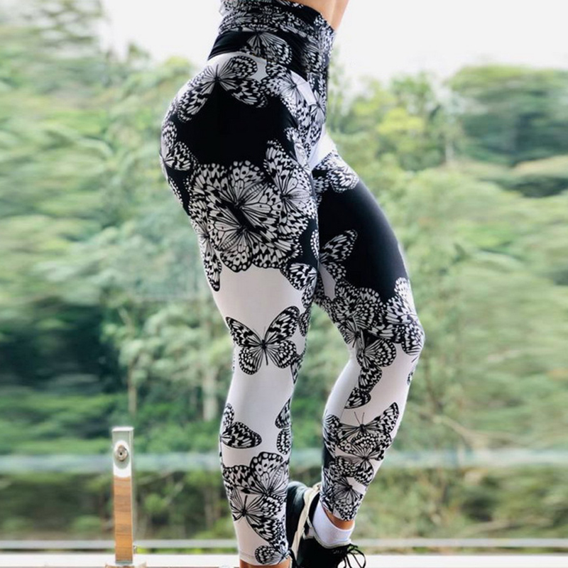 Czarny biały motyl drukujący legginsy fitness Kobiety jogging spodne