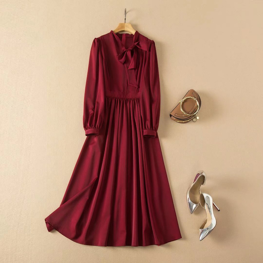 2023 automne rose couleur unie ruban cravate robe nœud à manches longues col rond lambrissé Midi robes décontractées A3S151210-05
