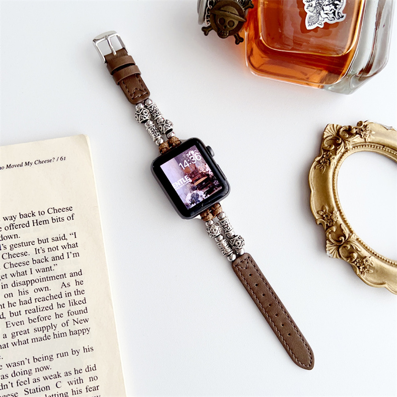 Skórzany pasek do Apple Watch Band Tybetańska Srebrna Łańcuch bransoletki Iwatch 9 8 7 6 5 4 3 Ultra 38mm 40 mm 41mm 42mm 44mm 45 mm 49 mm Women Metalowe opaski inteligentne akcesoria