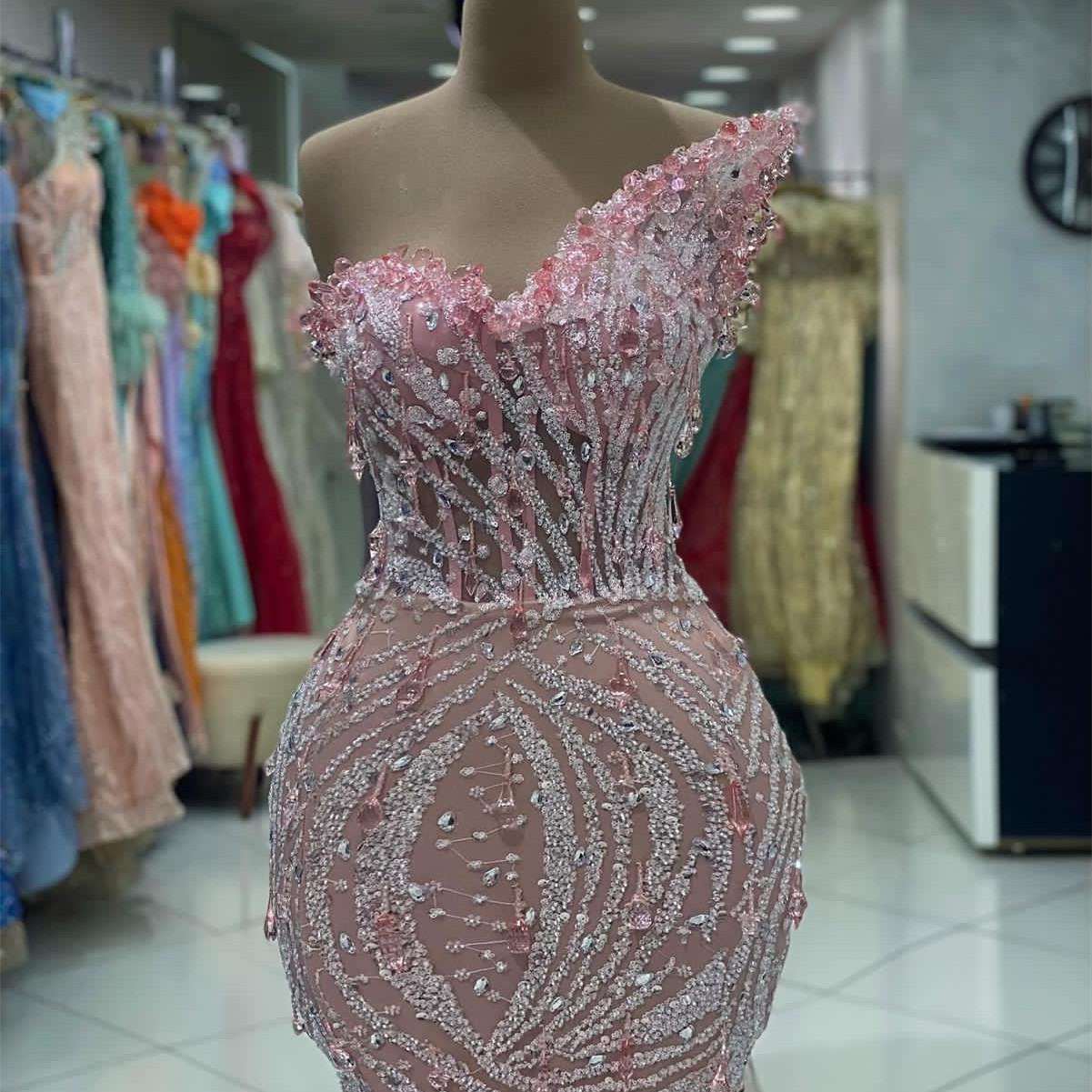 2023 Aso Ebi Arabic Pink Mermaid Dress Crystals