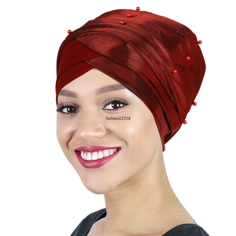 Voorhoofd Cross Hoofddoek Motorkap Moslim Vrouwen Kralen Tulband Hijab Hoed Chemo Cap India Tulband Sjaal Femme Musulman Turbante Mujer