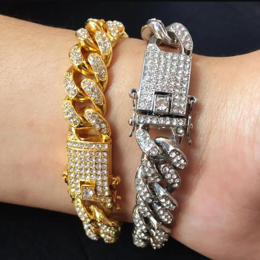 Men Hip Hop Iced Out Crystal Prong Cuban Chain Bracelets Women Luxury Paved Rhinestone Link Chain Bracelet Punk Rapper Jewelry