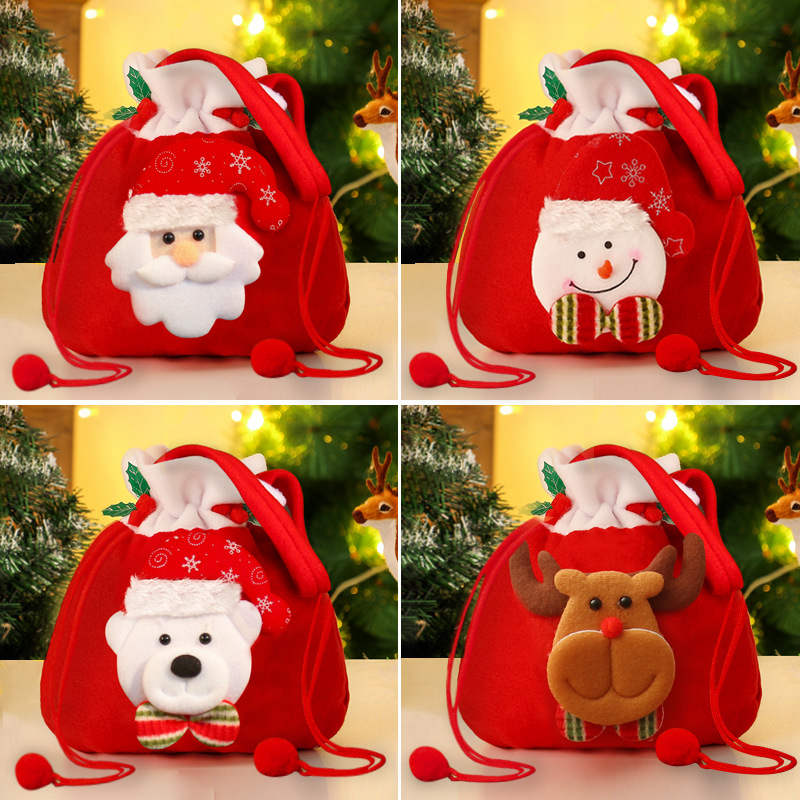 Portable Christmas Love Gift Påsar Wrap Ludd 23*20cm Santa Sack Snowman Little Bear Elk Pattern Party Supplies för festliga julklappar Candy Sugar Apple lagring