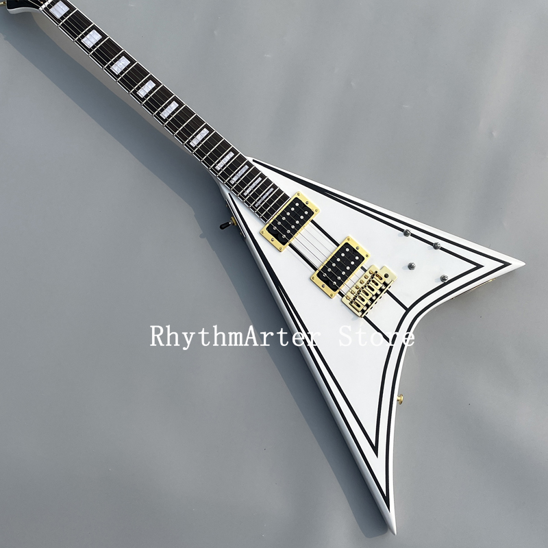 Custom shaped electric guitar, white V asymmetric body with black pattern, ebony fingerboard, gold color hardware, 