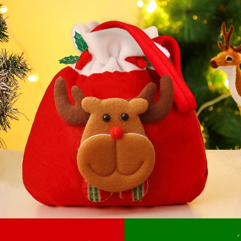 Portable Christmas Love Gift Påsar Wrap Ludd 23*20cm Santa Sack Snowman Little Bear Elk Pattern Party Supplies för festliga julklappar Candy Sugar Apple lagring