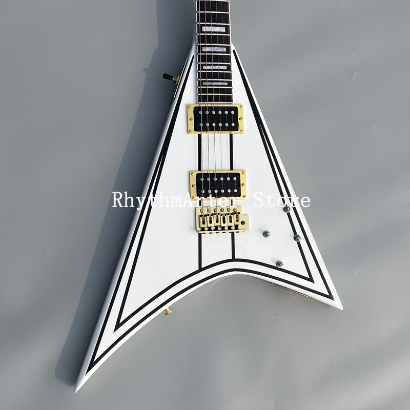 Custom shaped electric guitar, white V asymmetric body with black pattern, ebony fingerboard, gold color hardware, 