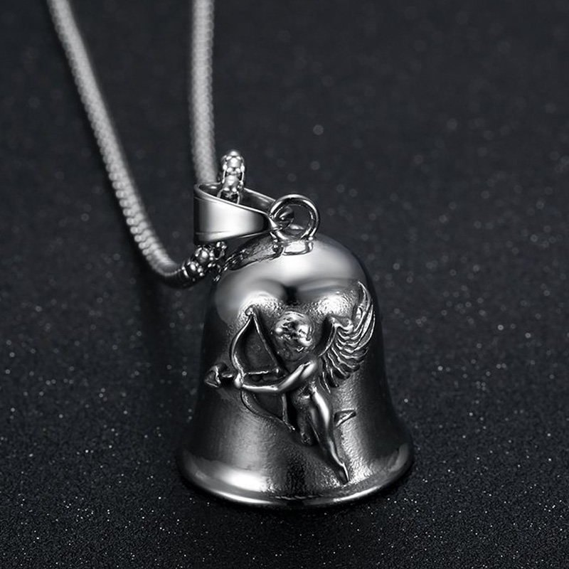 Collier pendentif cloche Vintage en acier inoxydable 316L, haute poli, Punk moto ange cupidon ailes nordique Viking Ride porte-bonheur exorcisme bijoux pour hommes