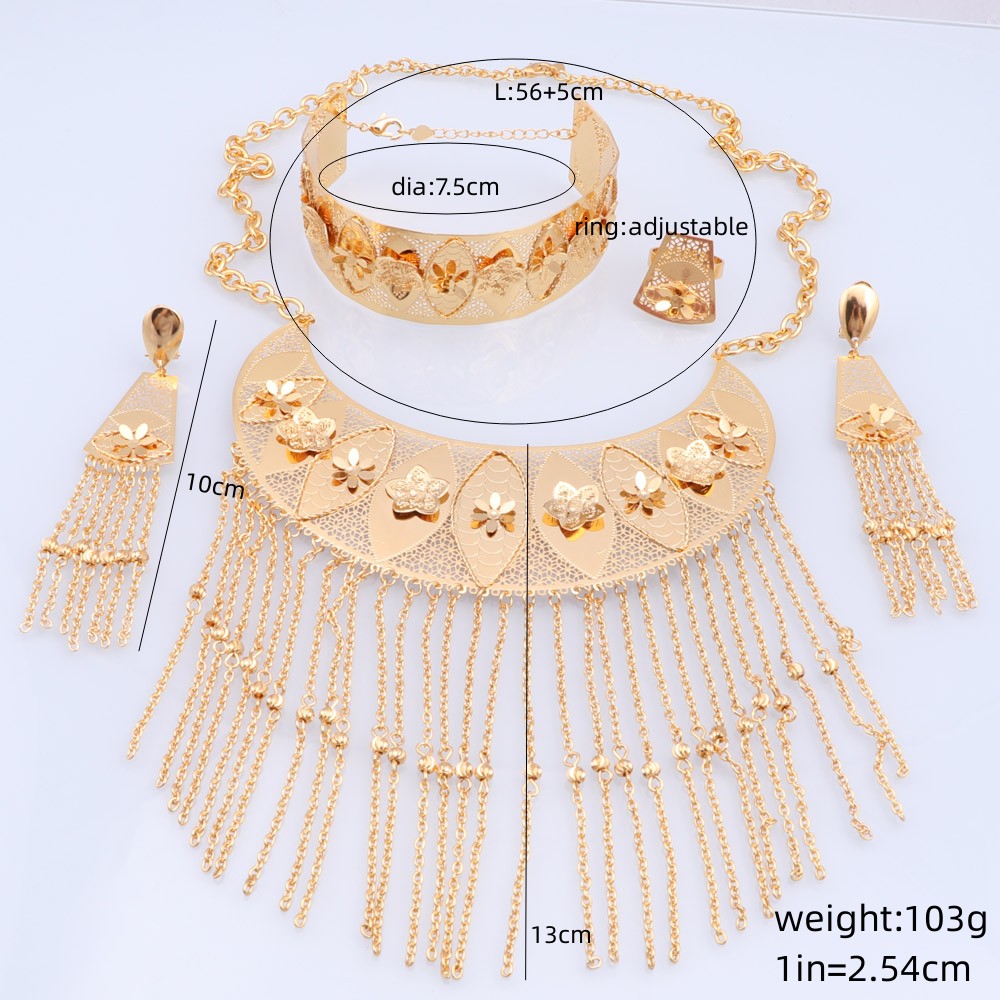 Women Luxury Dubai Gold Color Tassels Necklace Earring Ring Bangle Wedding Accessories Decoration Jewelry Set