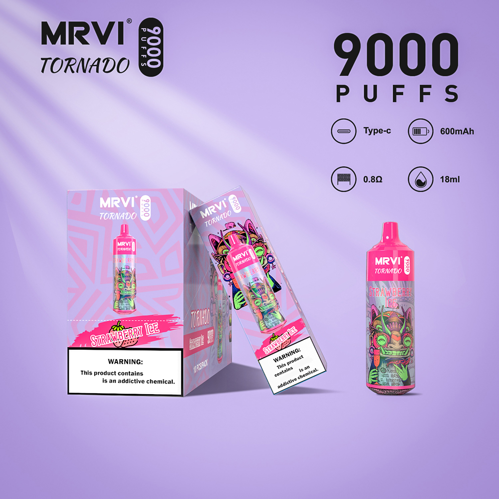 오리지널 랜드 토네이도 퍼프 9000 일회용 vape 펜 장치 MRVI 퍼프 9K 충전식 600mAh 배터리 18ml 포드 E 담배 Vape Desechable