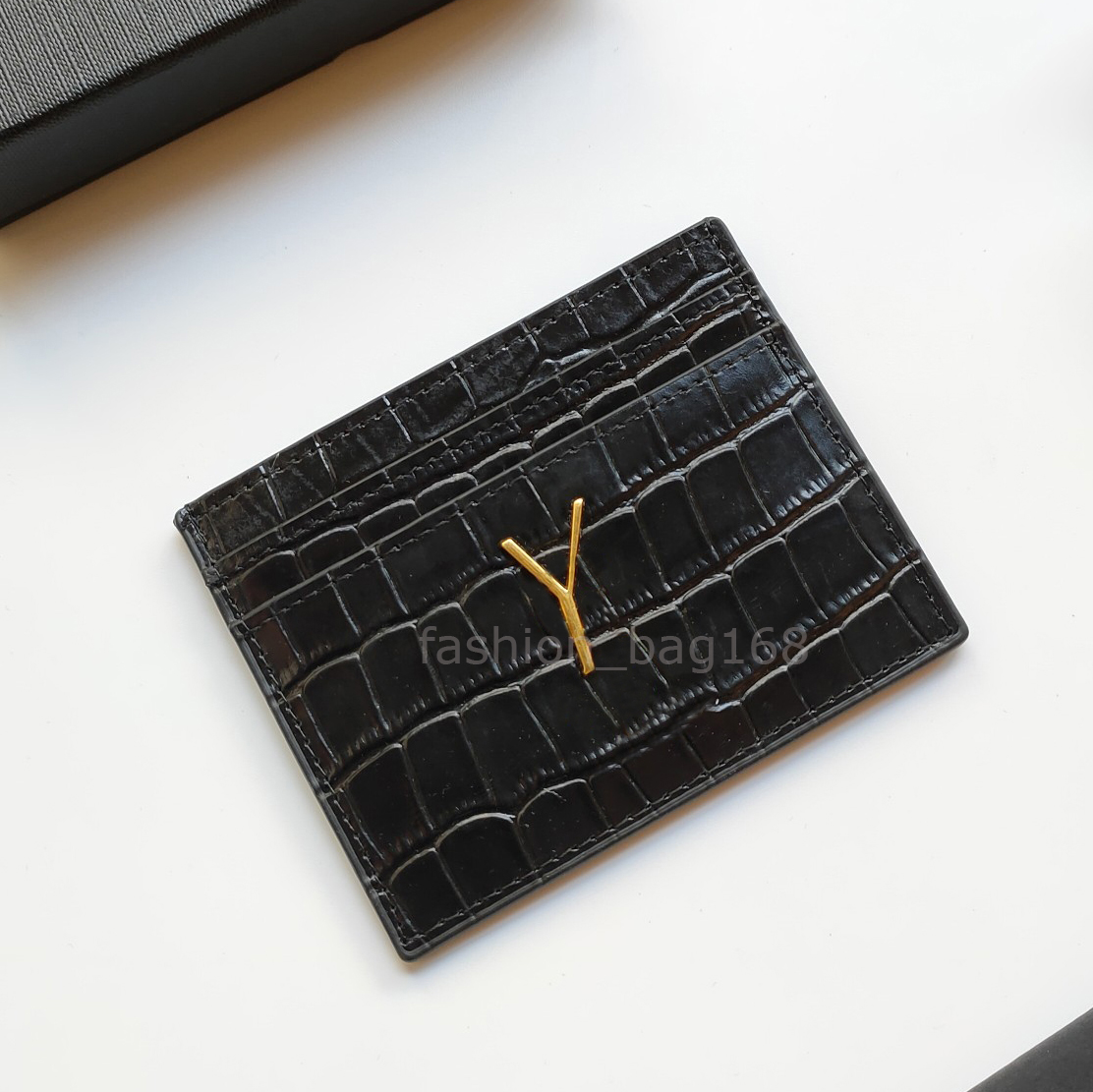 Diseñador de moda Mujer Titulares de tarjetas Caviar Croco Piel de cordero Mini billetera Color puro Cuero genuino Textura de guijarros Lujo Negro Walle2846