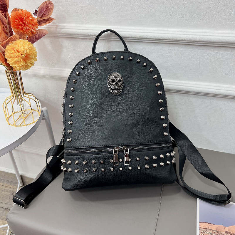 Factory outlet shoulder bag street cool ghost punk backpack soft lightweight leather outdoor leisure backpacks large capacity black Joker rivet handbag 6836#