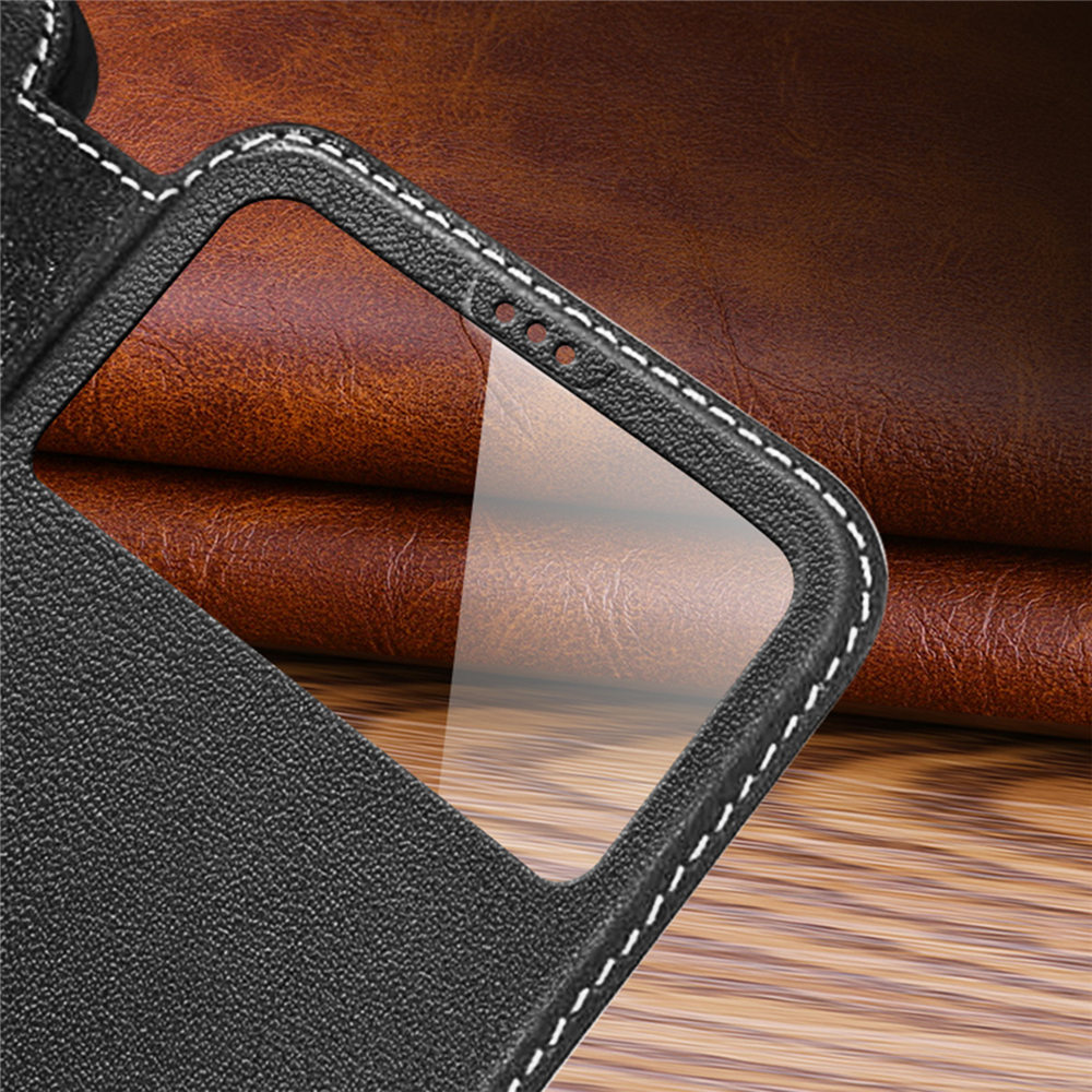 Genuine Cowhide Leather Flip Case for iPhone 15 Pro Max 14 13 12 Smart Window View Holder Cover