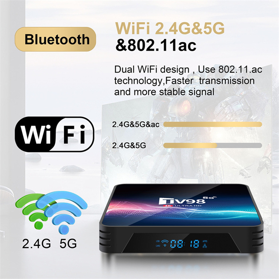 TV98 Android 11.0 TV Box Allwinner H313 Quad Core 2GB/ 16GB 2.4G 5G Dual WIFI H.265 UHD AV1 4K Smart Media Player Set Top Box