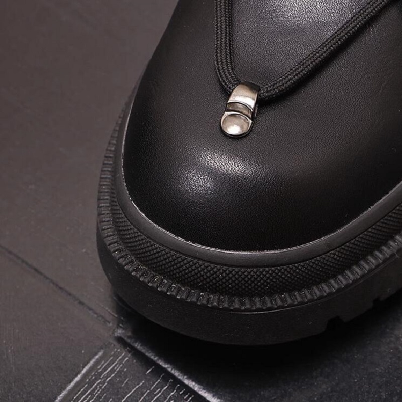 Zapatos de caña alta con cordones para hombre, botas informales que combinan con todo, color negro brillante, botines de moda británica para hombre 1AA55