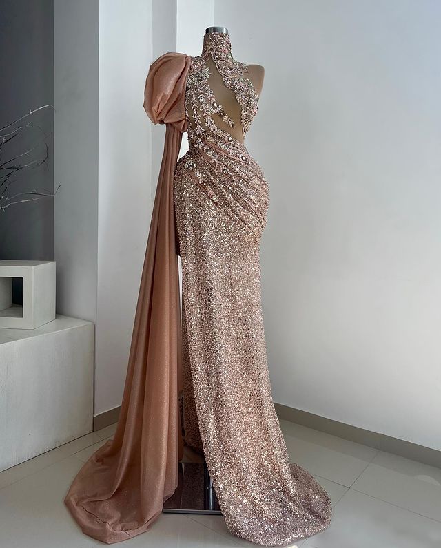 2023 Aso Ebi Arabo Sirena Oro Prom Dress Cristalli Pizzo Sera sexy Festa formale Secondo ricevimento Compleanno Abiti di fidanzamento Abiti Robe De Soiree ZJ379