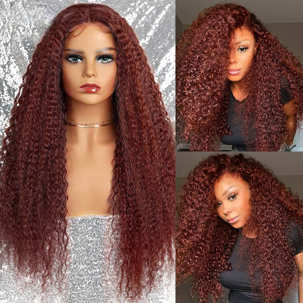 40 Inch Brazilian Glueless Reddish Brown Deep Wave Frontal Wig 250 Density Copper Red Curly Simulation Human Hair Wig 13x4 HD Lace Frontal Wig