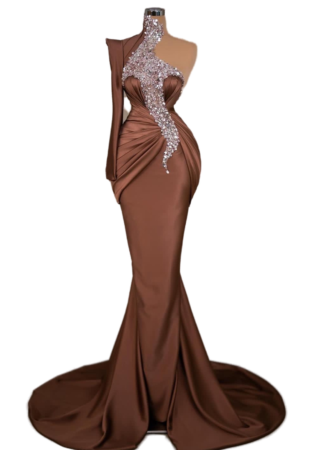 2023 Aso Ebi Arabic Chocolate Mermaid Prom Dress Sequined Lace Satin Evening Formal Party Second Reception Birthday Engagement Gowns Dresses Robe De Soiree ZJ31