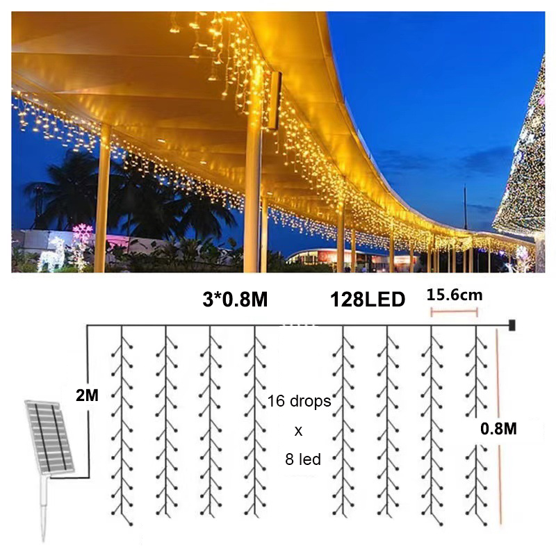 Lumières de glaçons solaires extérieurs 3M 128led 5m 256led 10m 300led Icicle rideau de rideau léger avec un jardin éloigné de Noël