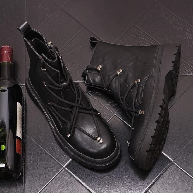 Zapatos de caña alta con cordones para hombre, botas informales que combinan con todo, color negro brillante, botines de moda británica para hombre 1AA55