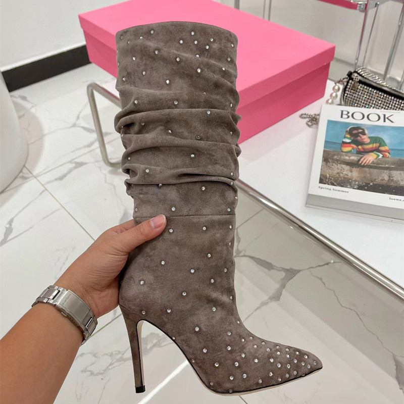 Luxury Brand Stiletto Heels Boots for Women Pointed Toe Crystal Diamonds Decro Fashion Western Boots Designer Ladies Elegant Sexy Winter Chelsea Boots Female Shoes