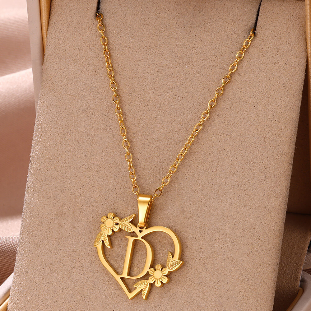 Stainless Steel A-Z Letters Name Heart Shape Pendant Necklace 18K Real Gold Plated Classic Jewelry