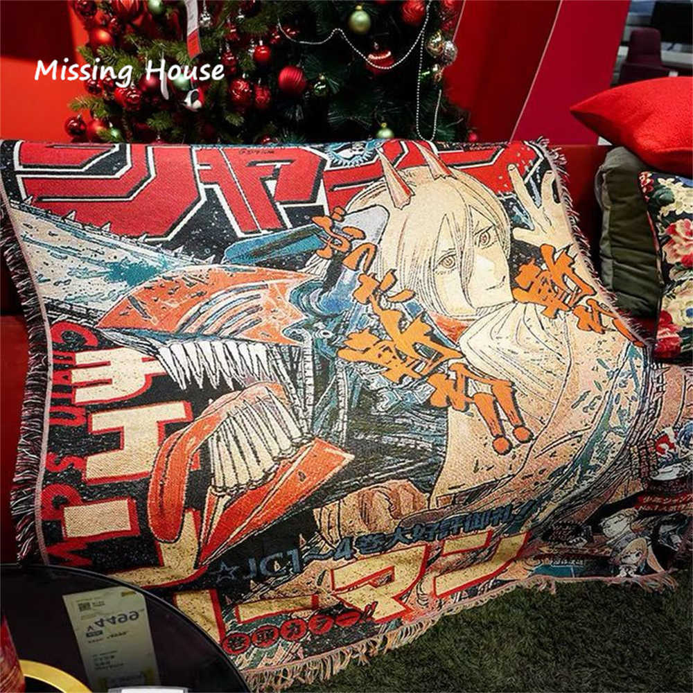 Couvertures Chainsaw Man Anime Tissé Couverture Coton Jeter Serviette Tapisserie Couvre-lit En Plein Air Camp Serviettes De Plage Canapé Chaise Couverture Tapis Tapis Gland HKD230922