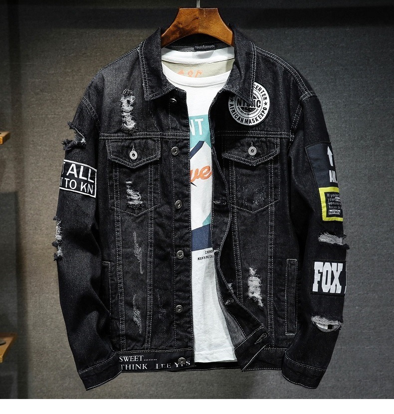 Patchwork Frayed Rock Vintage giacca di jeans blu nero da uomo punk sudadera buco streetwear hip hop increspato Lavato
