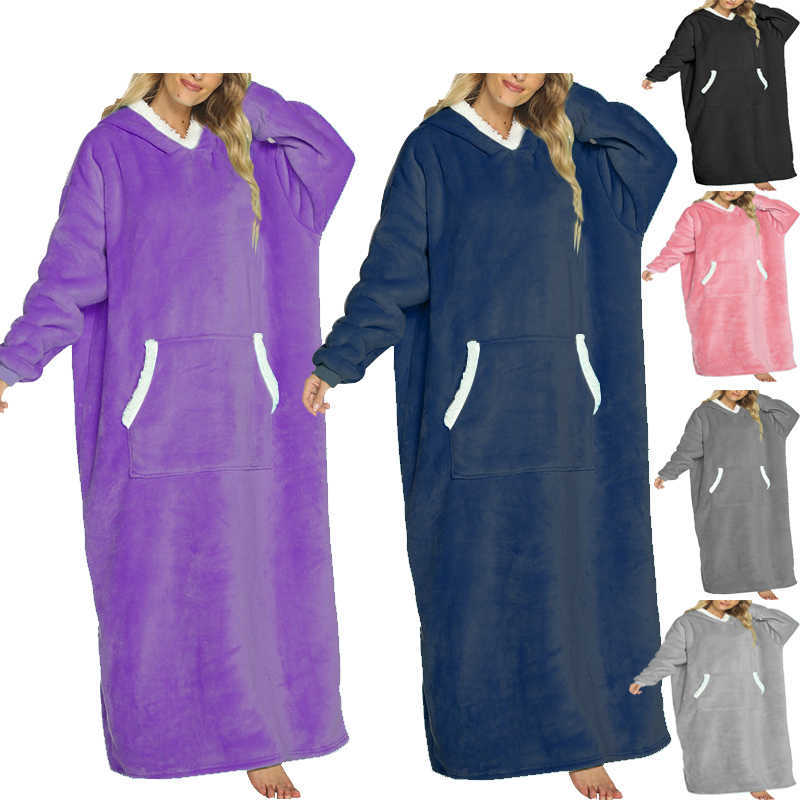Blankets Adults Winter Sherpa TV Blanket Long Sleeves Plush Fleece Sweatshirt Blanket Hoodie Women Men Soft Warm Flannel Hooded Nightgown HKD230922