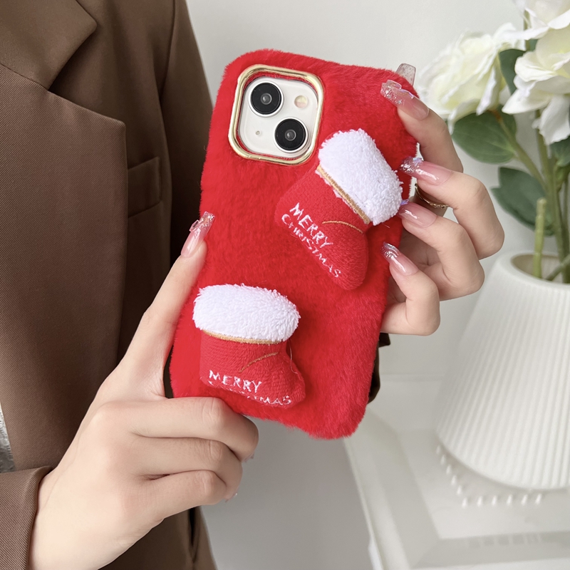 3D Christmas Tree Gift Fluffy Fur Cases For Iphone 15 Pro 14 13 12 11 XS MAX XR X 8 7 Plus Xmas Merry Christmas Santa Claus Socks Red Green Soft TPU Chromed Phone Back Cover