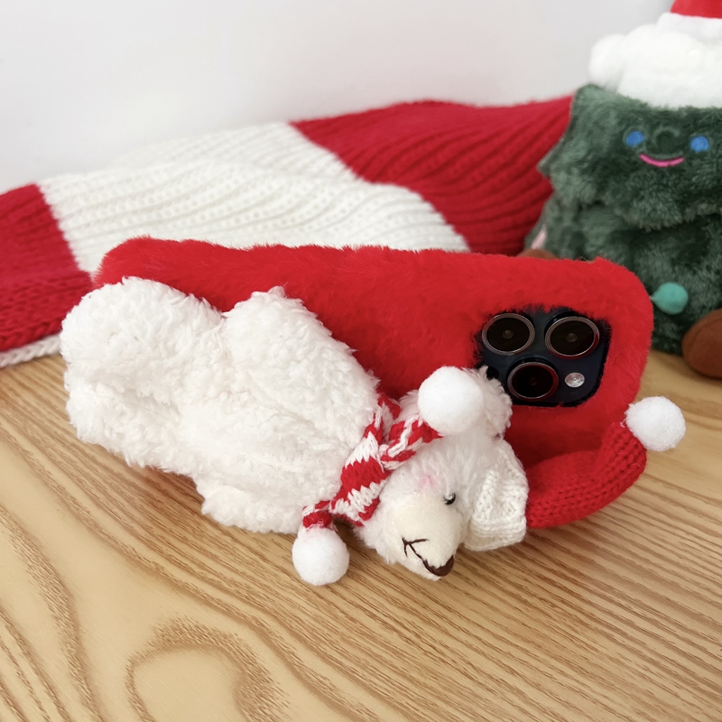 3D Christmas Doll Bear Cases For Iphone 15 Pro 14 13 12 11 XS MAX XR X 8 7 Plus Fluffy Fur Xmas Merry Christmas Gift Hat Santa Claus Scarf Soft TPU Mobile Phone Back Cover