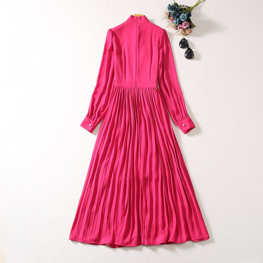 2023 Autumn Rose Red Solid Color Ribbon Tie Bowknot Dress Lång ärm Runda nackknappar MIDI Casual Dresses A3S150910-08