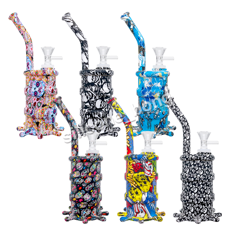 Printing 8inches drum silicone water pipe with silicone downstem and 14mm glass bowl Smoking Pipe Spoon Water Bongs Hookahs Recycler Mini Bong