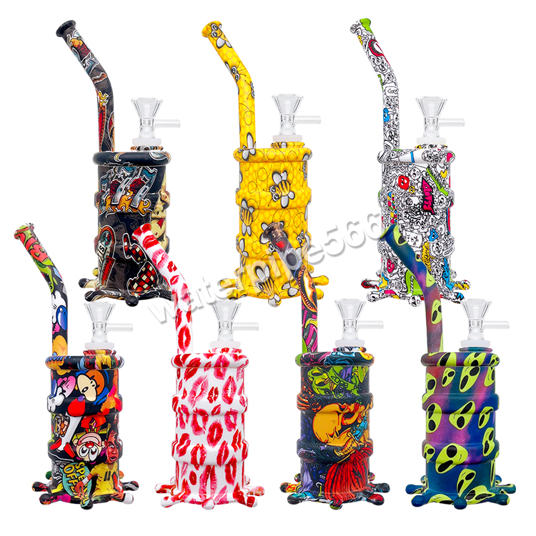 8 Inch Silicone Drum Water pipes with 14.4mm glass bowl smoking accessories glass pipe bongs multi patterns