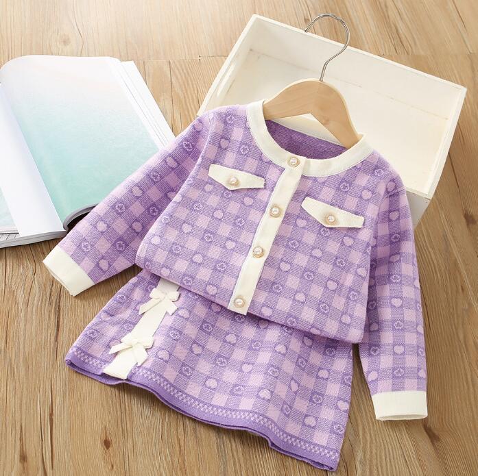 Spring Autumn Cute Baby Girls Knitted Clothing Sets Kids Long Sleeve Knitted Cardigan+Skirts Set Children Outfits Girl Suit 2-7 Years