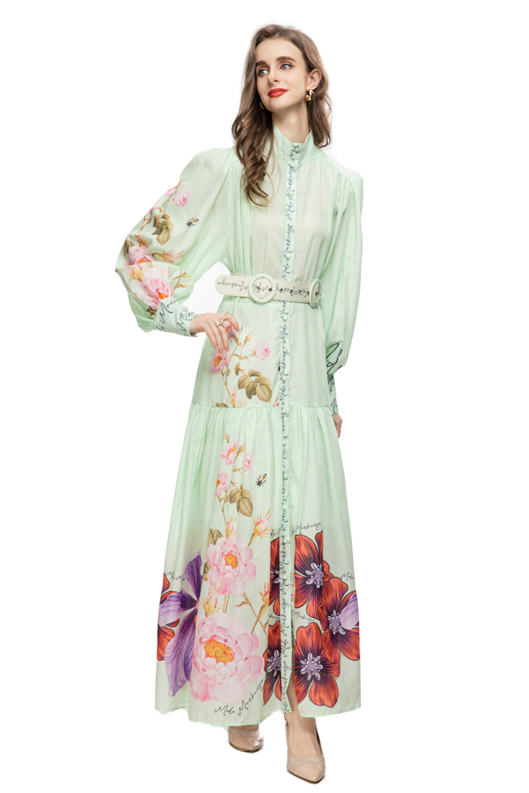 Robes de défilé pour femmes, col montant, manches longues Lanern, imprimé Floral, ligne A, robes Maxi élégantes avec ceinture