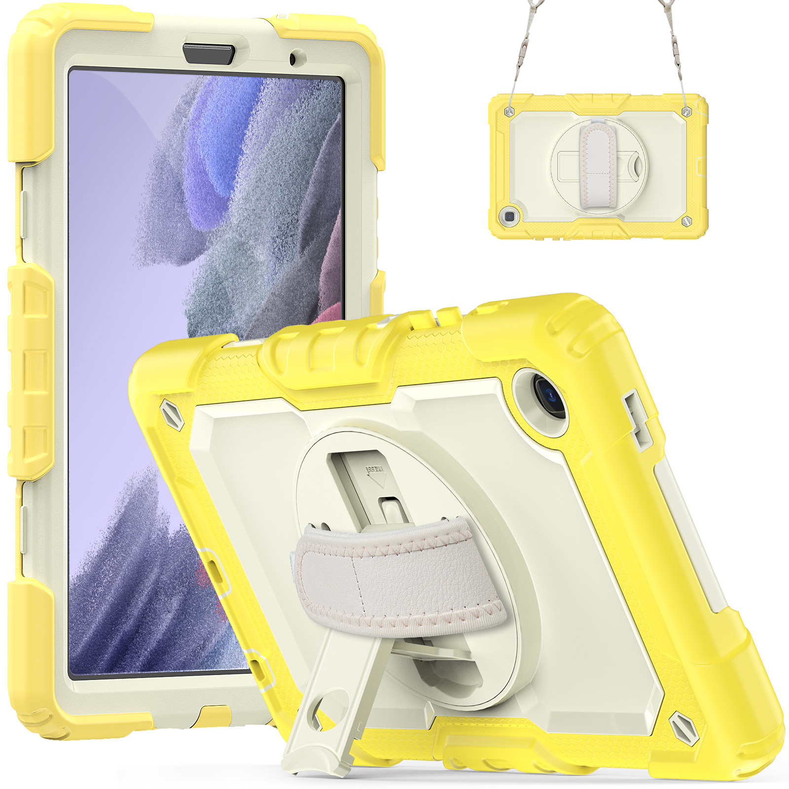 Barnens stötbeständiga silikontablettfodral för Samsung Galaxy Tab A7 Lite T220 T225 8,7 10,4 tum rustningstäckning Rotation Handband Fodral Pet Screen Protector Shoulder Bells