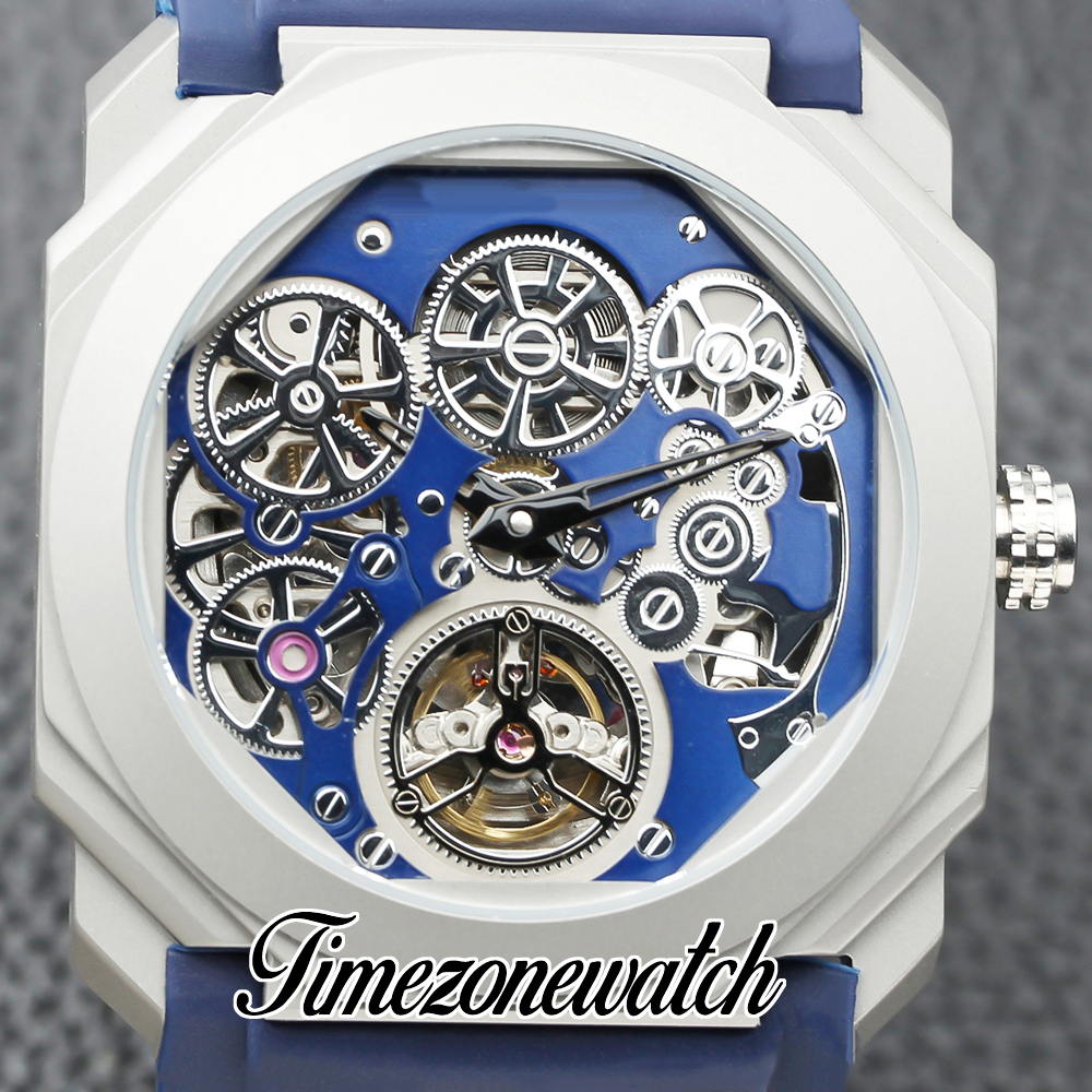 Nouveau 42mm Octo Finissimo Tourbillon 103188 Boîtier en acier titane Cadran squelette bleu Montre automatique pour homme Bracelet en cuir bleu Montres TWBV Timezonewatch Z04b