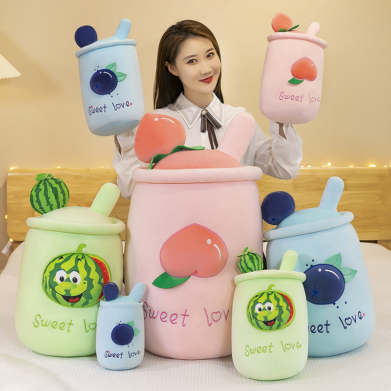 2023 Stuffed Animals Cute Soft Simulated Large Peach Watermelon Blueberry Pearl Milk Tea Cup Pillow Plush Toy