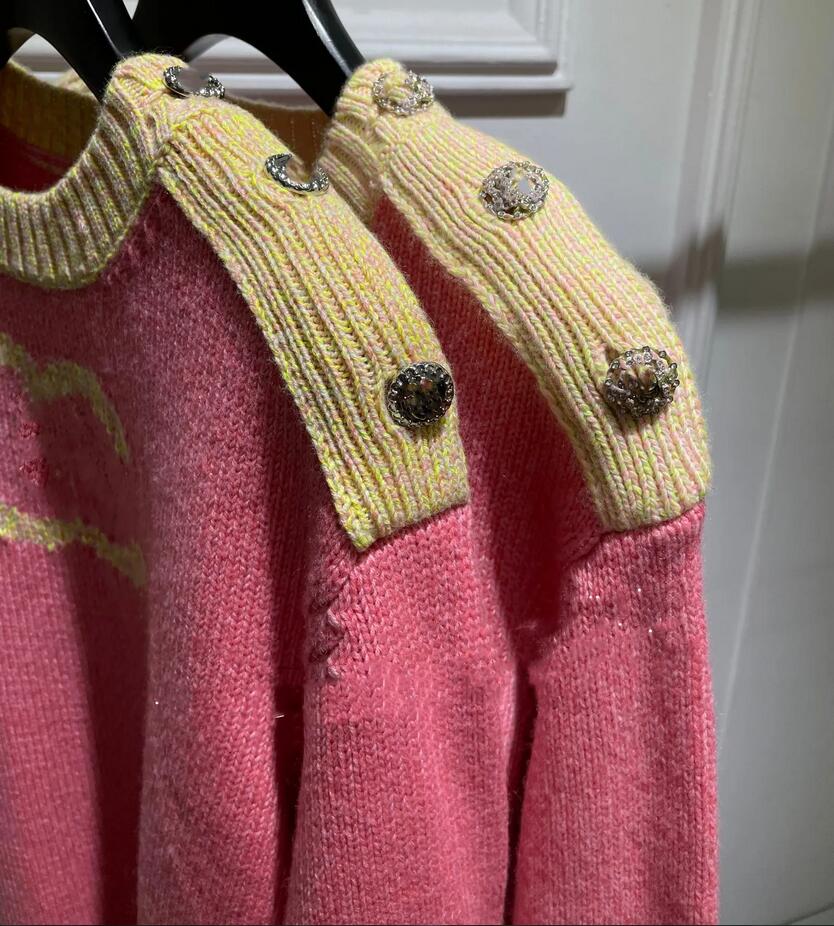 女性のセーター23-ヨーロッパのデザイナーデザインピンクコントラストカシミアセーター