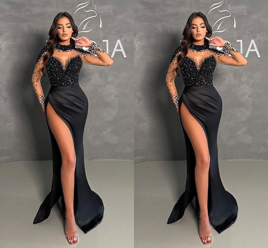 Robe de bal sexy grande taille noire sirène longue pour femme, manches longues, col bijou drapé, fente latérale haute, vêtements de cérémonie, concours d'anniversaire, deuxième réception