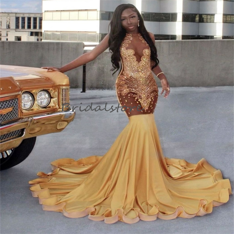 Superbe robe de bal en strass doré 2023 sirène noire filles robe de soirée perlée Finshtail sans manches fête d'anniversaire formelle réception sud-africaine remise des diplômes