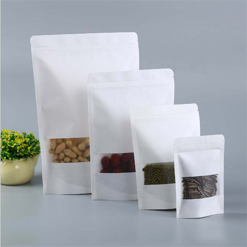 Sacos de embalagem de papel Kraft branco Bolsa à prova de cheiro Zip Lock Stand Up Case Janela transparente Auto-vedante para alimentos Doces Biscoitos Nozes Chá Sido Frutas Secas Açúcar Armazenamento de lanche