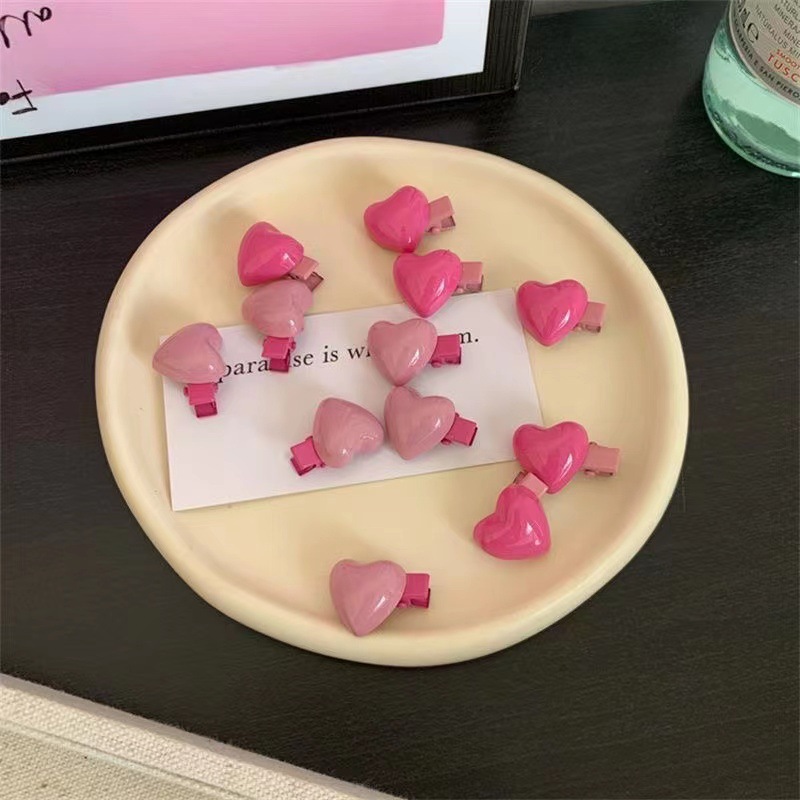 6 Mini-Pfirsich-Herz-Mini-Haarspangen, 2 cm, kurze Entenschnabel-Clips, süße süße rosa Haarspangen
