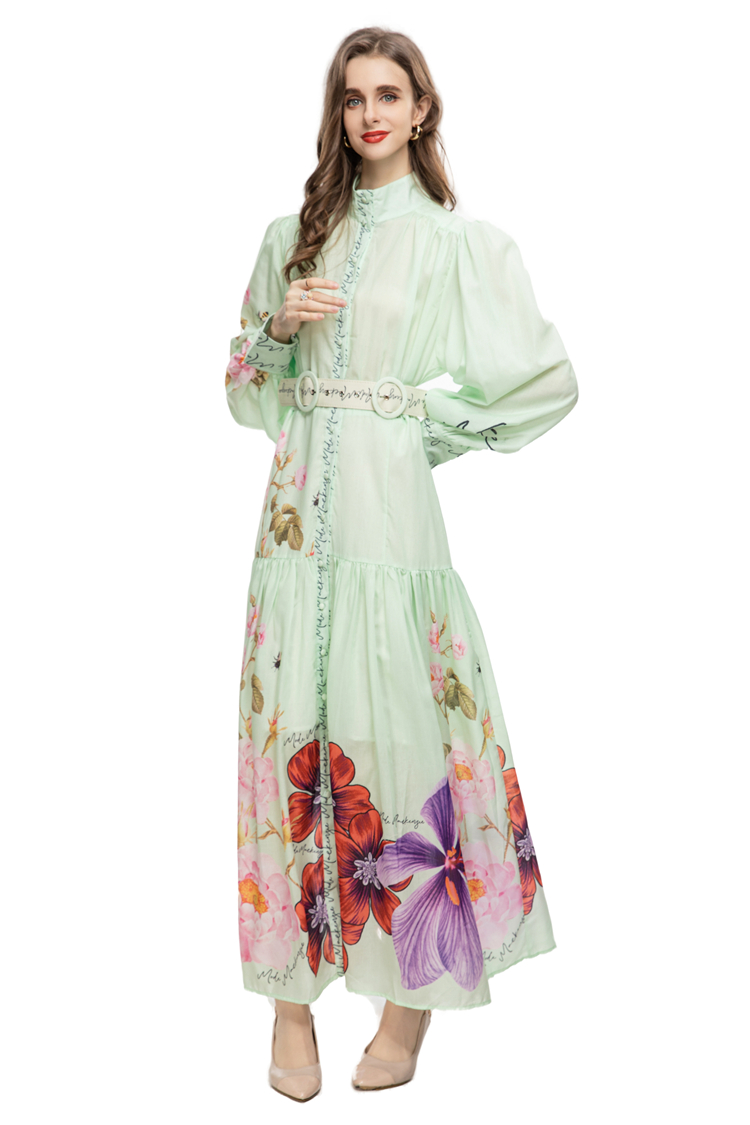 Robes de défilé pour femmes, col montant, manches longues Lanern, imprimé Floral, ligne A, robes Maxi élégantes avec ceinture