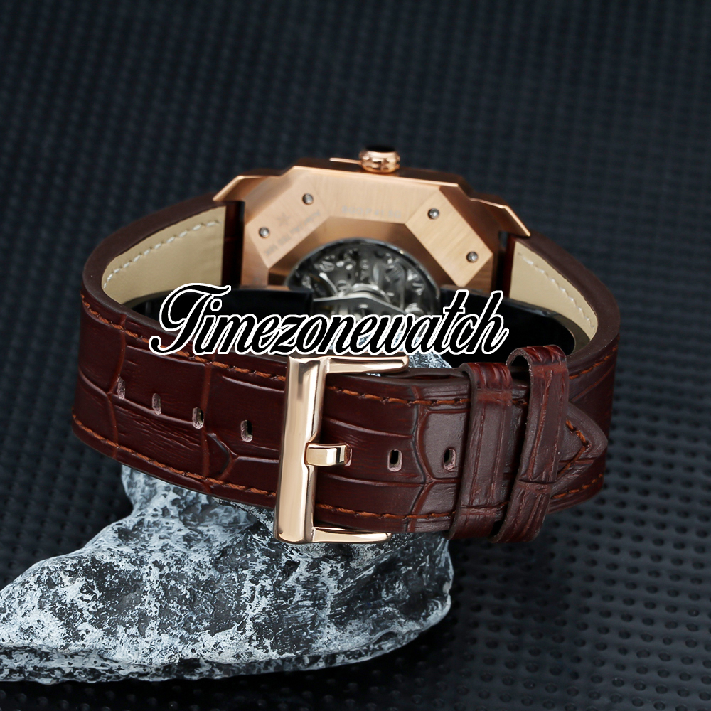 新しいOcto Finissimo 103667 Miyota Automatic Mens Watch Rose Gold Case Skeleton Dial Brown Leather Strap Gents Sport Watches TWBV TimeZoneWatch Z14a