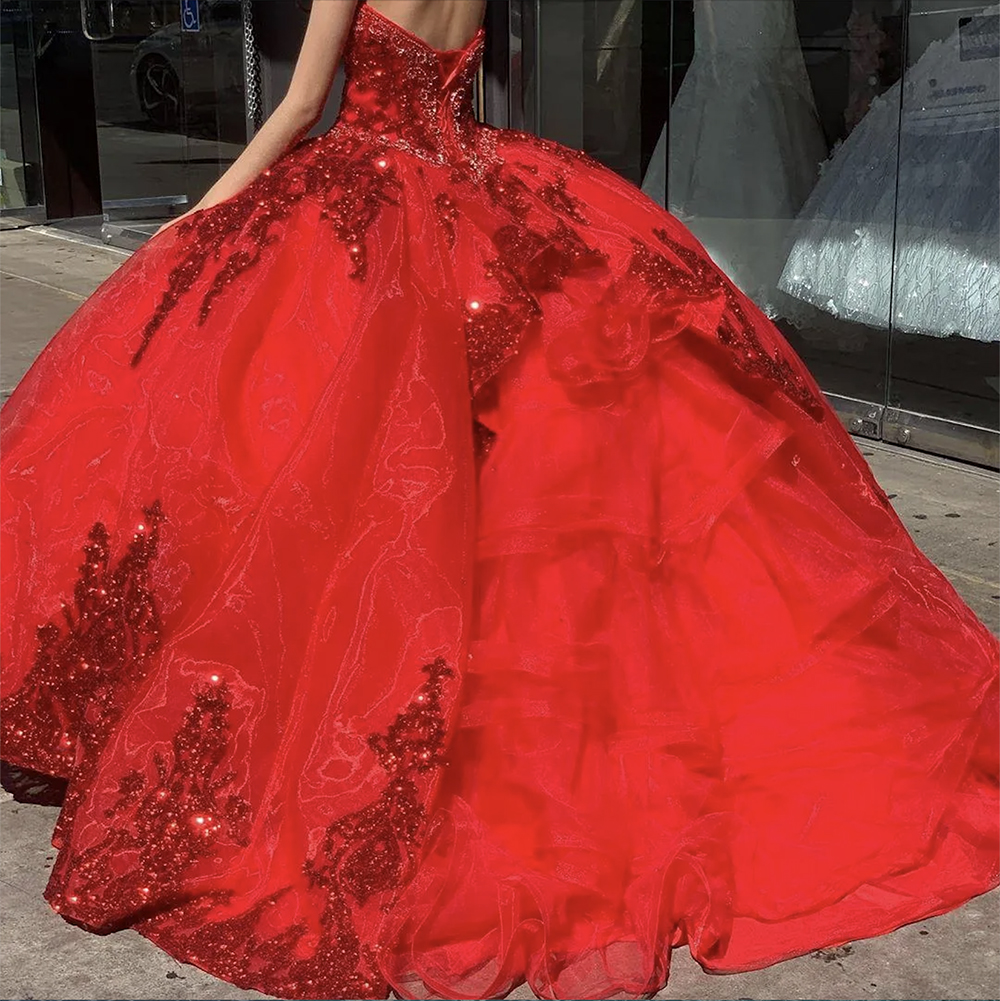 Paillettes rouges scintillantes douce 16 robe de bal robes de Quinceanera perles paillettes à manches longues corset à lacets robe De 15 Anos Quinceanera