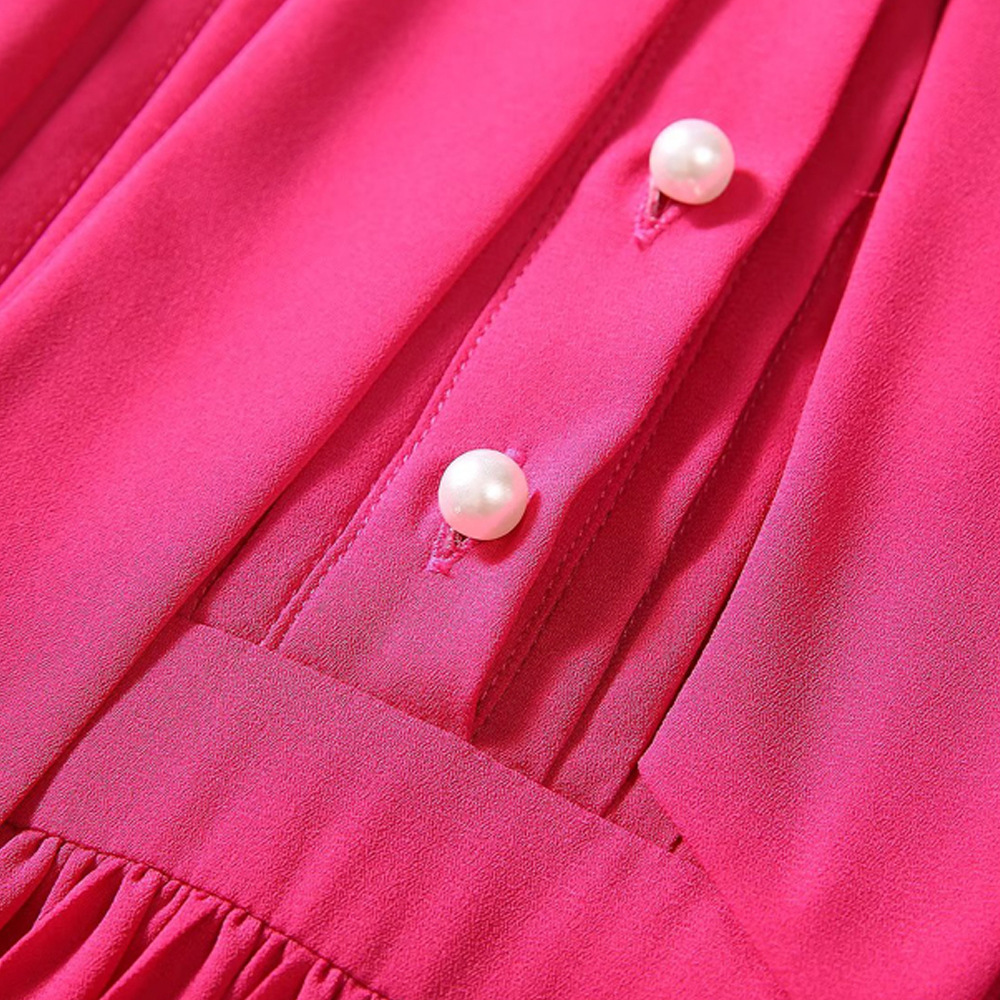 Robe mi-longue décontractée avec ruban et nœud papillon, couleur unie, Rose, rouge, manches longues, col rond, boutons, automne 2023, A3S150910-08