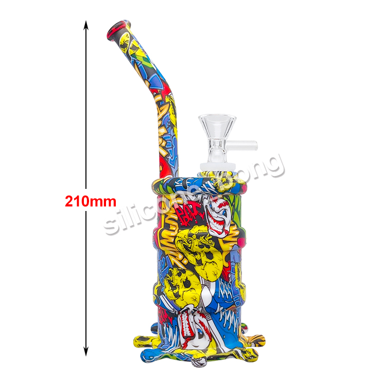 Printing 8inches drum silicone water pipe with silicone downstem and 14mm glass bowl Smoking Pipe Spoon Water Bongs Hookahs Recycler Mini Bong