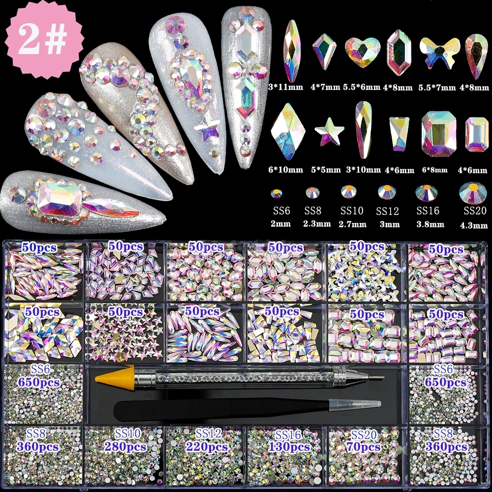 Decorações de arte de unhas misturar tamanhos várias formas cores glitter flatback diamantes jóias manicure charme picker cera caneta conjunto 230921